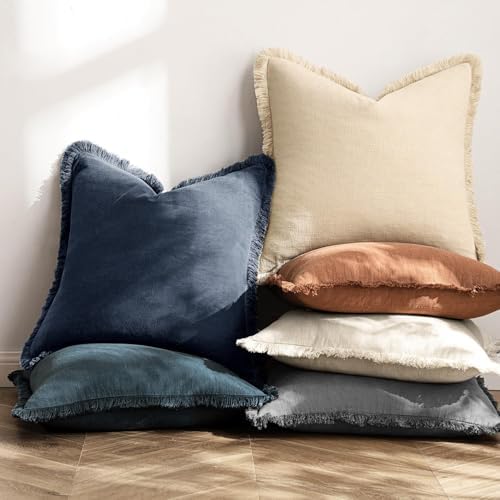 MIULEE Boho Linen Fringe Decorative Throw Pillow Covers Indigo Blue 18x18 - Image 4