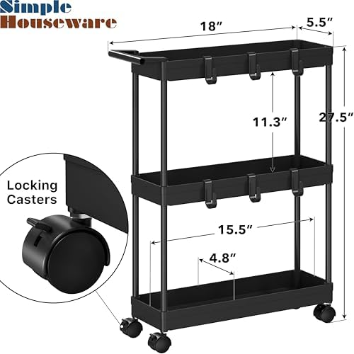Simple Houseware 3-Tier Slim Rolling Cart w/Handle 5.5" Wx27.5 H, Black - Image 3