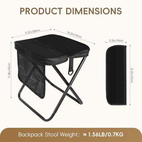 Foldable Backpack Stool, Portable Collapsible Stool for Adults Supports 265lbs, 11.8" Camping Stool, Ultralight Folding Chair for Outdoor, Hiking, Fishing, Camping, Festivals (Black) - Image 2