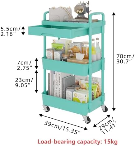 Calmootey 3-Tier Utility Cart with Drawer & Wheels, Storage for Home,Office - Image 5