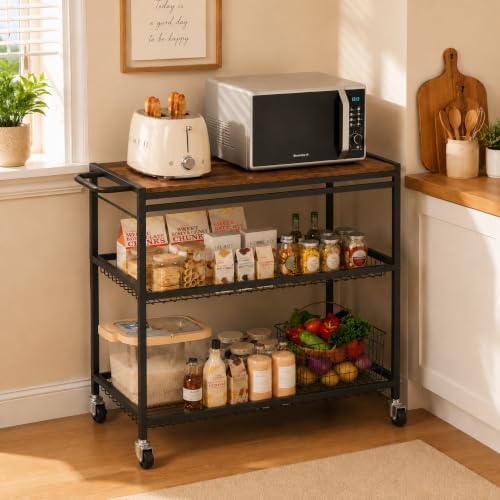 Microwave Kitchen Cart – 3 Tier Rolling Kitchen Utility Cart for Microwave Table Stand, Coffee Cart, Bar Cart, Kitchen Appliance Storage with Adjustable Shelf & Lockable Wheels, 34.25" L x 33.46" H by Unknown