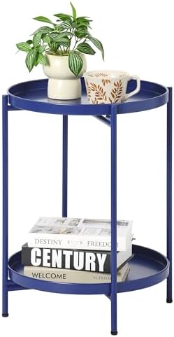 2-Tier Round End Side Table, Small Metal Side Table with Removable Tray, Folding Accent Tables for Living Room, Balcony, Nightstand for Bedroom, Outdoor Tables for Patio, Navy Blue by MordchilHF