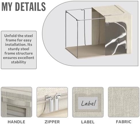 4 Pack Clothes Storage Bins with Metal Frame - 22L Stackable Storage Box with Lid，Foldable Storage Container Organizer for Clothes，Linen Fabric Storage Box with Clear Window＆Zippers＆Handles - Image 3