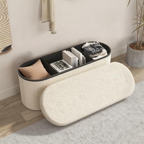GLAXYFUR Oval Ottoman with Storage for Living Room, Sherpa Bench, Beige by GLAXYFUR
