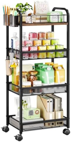 HapiRm 4 Tier Metal Rolling Cart- Utility Storage Cart with Locking Wheels by HapiRm