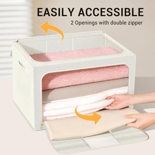 Clothes Storage Bins with Metal Frame, Foldable Clothes Organizers Storage Containers for Clothes, Sheets, Blankets, Pillows and Towels (100L, 3 Pack) Beige - Image 5