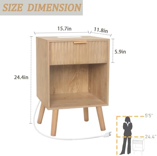 Fultyle Wood Nightstand with Charging Station, Fluted Bedside Table - Image 2