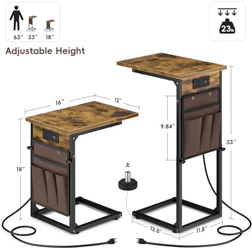 Vagusicc C Shaped End Table with Charging Station, Adjustable Height Side Table for Couch, Small Sofa Table with Storage Bag, Slide Under Sofa TV Tray Snack Arm Tables for Living Room, Bedroom, Brown - Image 3
