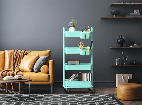 Simple Houseware 4-Tier Rolling Utility Cart with Hanging Bucket, Turquoise - Image 4