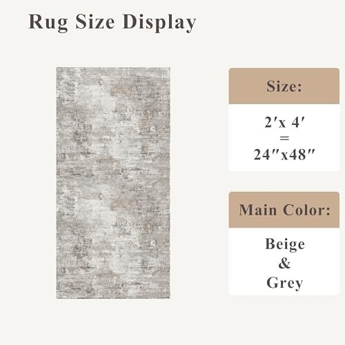 2x4 Washable Entryway Area Rug - Non-Slip Modern Small Indoor Mat for Bathroom,Living Room,Bedroom - Abstract Neutral Soft Low-Pile Throw Carpet with Rubber Backing (Beige Grey) - Image 2