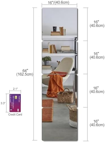 quegau Full Length Safety Shatterproof Mirror for Kids, Plastic Wall Mirror Made of Acrylic Plexiglass, 4 Pcs 16" x16", Long Bedroom Door Closet Mirror for Home Gym Body Workout - Image 2