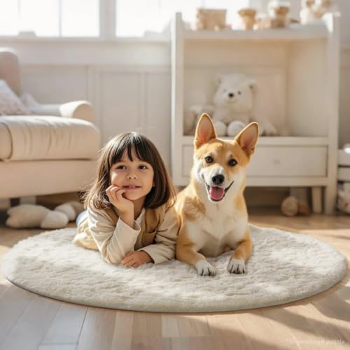 Ophanie Round Rug 4Ft Ivory Circle Area Rugs, Fluffy Fuzzy Small Bedroom Carpet 4 foot, Plush Shag Floor Cream Living Room Christmas Circular Aesthetic Decor for Kids Teen Boys Baby, Nursery,Classroom - Image 3