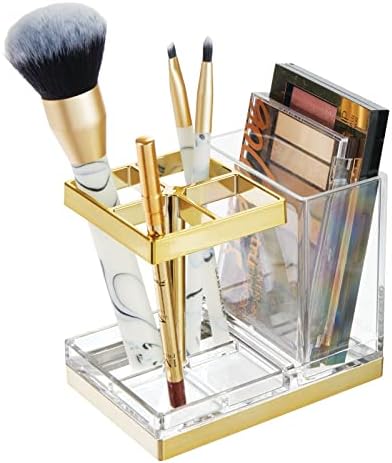 mDesign Plastic Toothbrush and Toothpaste Storage Organizer Holder - Home Decor for Bathroom Countertop - Holds Toiletries and Beauty Accessories - Lumiere Collection - Clear/Soft Brass - Image 5