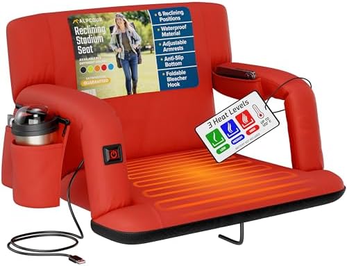 Alpcour Heated Reclining Stadium Seat for Bleachers – Wide Bleacher Chair with Back Support and Cushion, Armrests, Side Pockets, & Hook – Stadium Seats Chairs for Camping, Kayak, Paddle Board & More by Alpcour