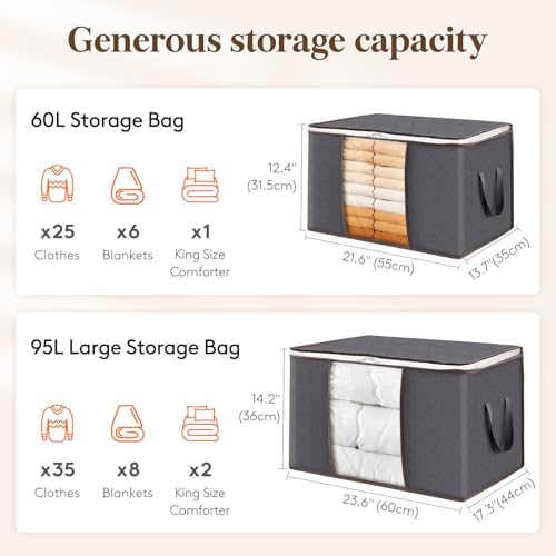 Lifewit 3 Pack 60L Clothes Storage Bins with Lids, Foldable Blanket Storage Bags with Zippers, Clear Window and Reinforced Handles, Closet and Organization for Clothing, Sweater, Comforter, Bedding - Image 2