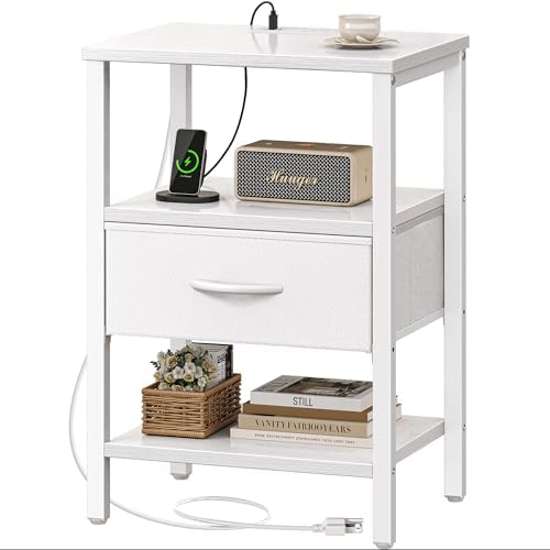 SUPERJARE Nightstand with Charging Station, Bed Side Table with Adjustable Fabric Drawer, Night Stand for Bedroom, 3-Tier Storage End Table, for Living Room, White by SUPERJARE