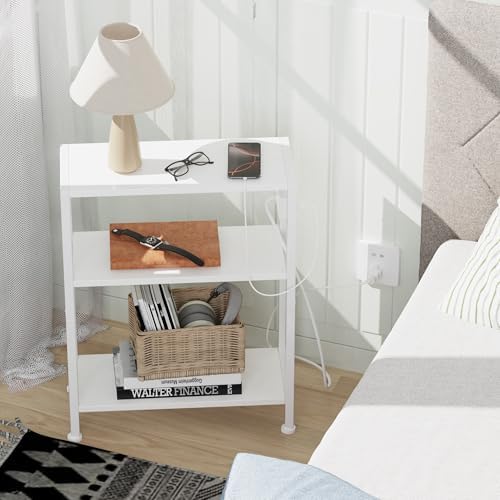 End Table with Charging Station, 3-Tier Side Table for Small Space, Skinny Nightstand with USB/Type C Port and 2 Outlets, Slim Sofa Beside Table for Living Room, Bedroom and Balcony, White - Image 2