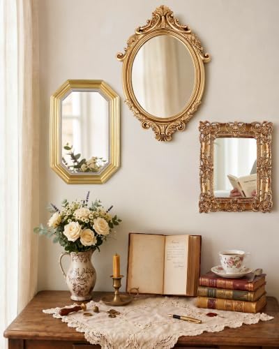 Wonderjune 3 Pcs Vintage Gold Mirror Set Wall Decorative, 8-15in Vintage Wall Mirror Hanging Antique Hanging with Stand for Living Room Home Wedding Decor(Court Baroque Style, 15in/11in/10in) by Wonderjune
