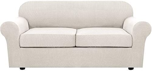 H.VERSAILTEX 3 Piece Stretch Sofa Covers for 2 Cushion Sofa Couch Covers for Living Room Sofa Slipcovers (Base Cover Plus 2 Seat Cushion Covers) Thicker Jacquard Fabric(Large Sofa, Ivory) by HVERSAILTEX