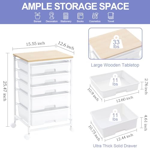 SYKIARIOL Rolling Cart with Drawers, 5 Drawers Utility Cart, Bright White - Image 3
