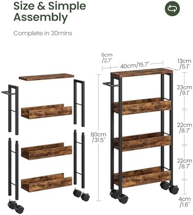 CHOEZON 4-Tier Slim Storage Cart, 5.1'' Kitchen Serving Trolley, Slim Rolling Cart with Handle and Guard Rails, Slim Cabinet for Small Spaces, for Dining Room, Rustic Brown and Black TTC01BF - Image 4
