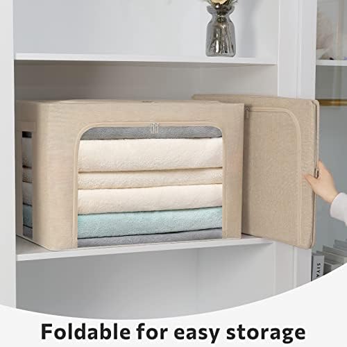 FHSQX 2 Pack Clear Window Storage Bins Foldable Fabric Storage Bins Boxes for Clothes Stackable Box Organizer Set with Carrying Handles (Beige, 22L,15.7x 11.8x 7.8 Inch) - Image 2