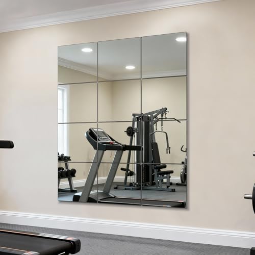 Full Length Wall Mirror Tiles, HD Glass Gym Mirror, Set of 12Pcs 12″ Square Wall Mounted Mirrors for Home Gym, Dance Yoga Studio, Bedroom, Door by Unknown