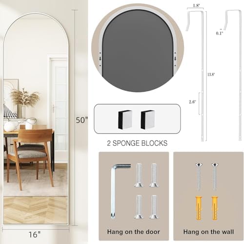 50"x 16" Door Mirror, Arched Full Length Hanging Mirror, White - Image 2