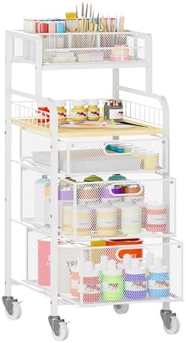 SWTYMIKI Rolling Cart with Drawers - Metal Craft Cart with Wheels, DIY Divider and Wood Shelf, Art Supply Organizer Craft Organizer and Storage, Utility Storage Cart for Home Office Studio, White by SwtyMiki-TidyHomeSweetLife