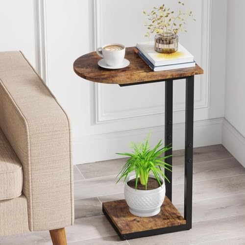 Hosfais Side Table Small End Table, C-Shaped Wood Sofa Table with Metal Frame for Living Room, Bedroom, Small Spaces (Rustic Brown) by HosfaisHome