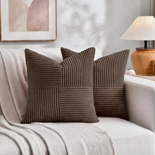 Fancy Homi 2 Packs Dark Brown Big Decorative Throw Pillow Covers 24x24 Inch for Living Room Couch Bed, Farmhouse Boho Home Decor, Soft Corss Corduroy Patchwork Accent Square Cushion Case 60x60 cm - Image 6