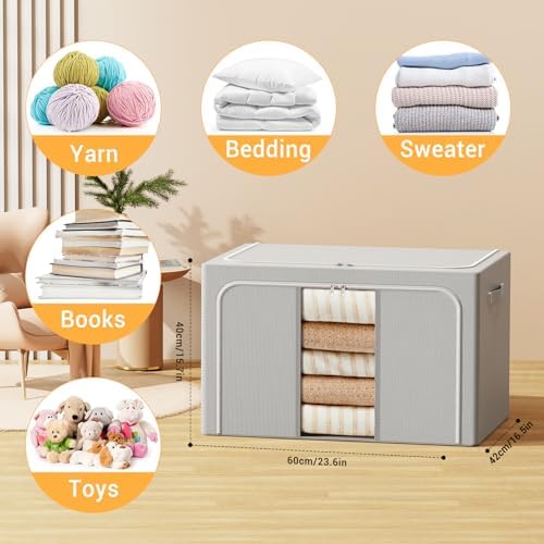 Clothes Storage Bins with Metal Frame Foldable Storage Box Clothes Organizers Storage Containers for Clothes Sheets Blankets Books Toys Gifts and Holiday Decorations (100Lx3 Pack) - Image 6