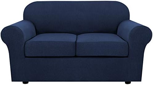 H.VERSAILTEX 3 Piece Stretch Sofa Covers for 2 Cushion Loveseat Couch Covers for Living Room Sofa Slipcovers (Base Cover Plus 2 Seat Cushion Covers) Thicker Jacquard Fabric(Medium Sofa, Navy) by HVERSAILTEX