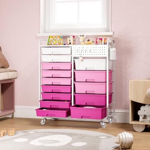 14 Drawer Rolling Storage Cart with Tabletop and Pegboard for Crafts Pink - Image 2