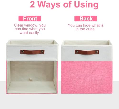 Bagnizer Storage Cubes, 4 Pack Linen Foldable Storage Bins with Clear Window and 2 Handles, 13x15x13 Storage Cube Bins for Shelf Closet, Kallax, Clothes, Books - (Pink / Off-White) - Image 5
