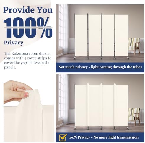 Kokorona 4 Panel Room Divider, 6FT Tall Rolling Privacy Screen with Lockable Wheels, Folding Wall Dividers Portable Room Divider for Room Separation, Included - Cover Strips, Beige, 88''W x 70''H - Image 3