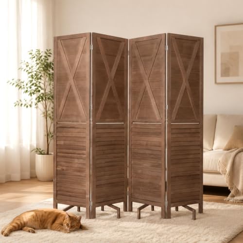 Wood Room Divider 4 Panel Folding Privacy Screen,2-in-1 Design Wall Divider by JVVMNJLK