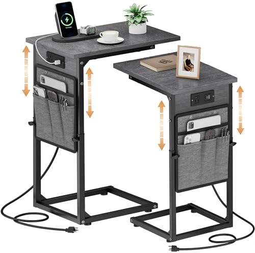 Vagusicc C-Shaped End Tables Set of 2 with Charging Station, 33'' Tall C Table Adjustable Height Side Table for Couch, Small Couch Table that Slide Under Sofa, TV Trays for Living Room, Gray Walnut by Vagusicc