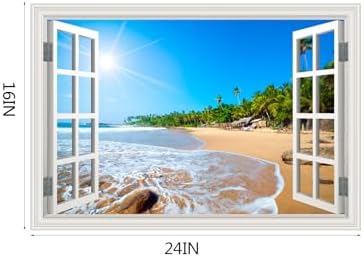 Fake Window Wall Decal- Summer Beach Seascape Coast Open Wall Art Sticker | Faux Window Tropical Ocean Natural Scenery Landscape Mural｜ Stick and Peel Wall Decals｜for Room Bedroom Office Decor｜24"x16" - Image 3