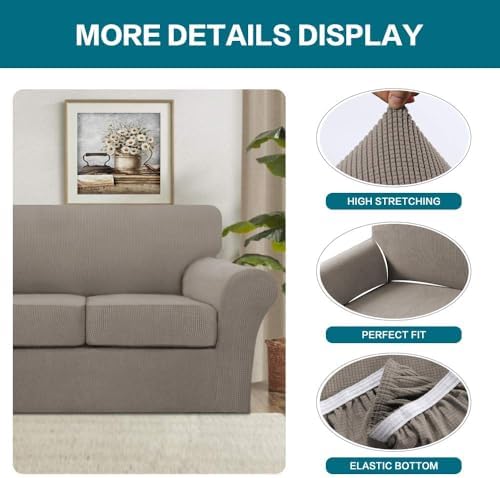 Turquoize 4 Piece Couch Covers for 3 Cushion Couch Sofa Pet Friendly Stretch Couch Cover for Dogs Washable Sofa Covers with Individual Couch Cushion Covers, Jacquard Fabric (3 Cushion Sofa, Taupe) - Image 4