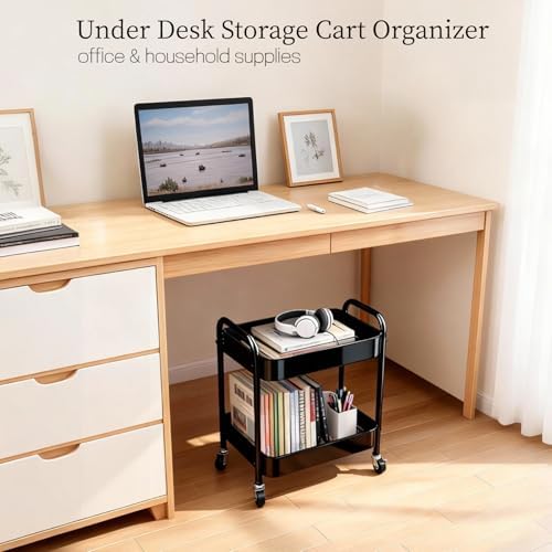 2 Tier Metal Rolling Utility Cart with Wheels Under Desk Storage Cart with Handle, Roll Around Organizer Trolley for Small Space Pantry Bathroom Home Kitchen Office Snack Baby Supplies, Black - Image 4