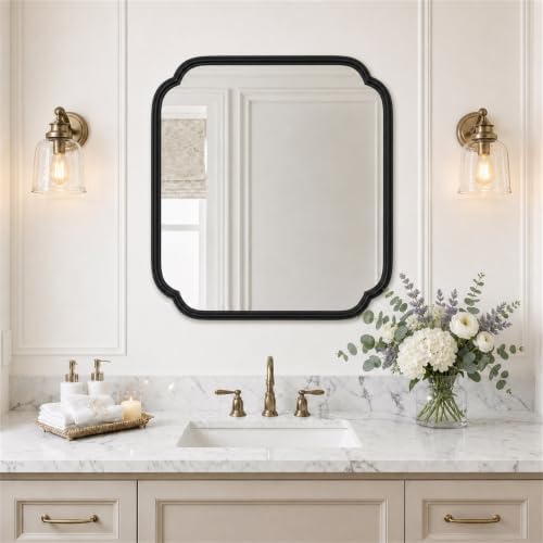 Ferytange 24 x 24 Inch Matte Black Metal Framed Bathroom Vanity Mirror, Rounded Rectangle Wall Mirror, Shatterproof HD Float Glass for Bedroom Living Room Horizontal/Vertical by FerytangeHome