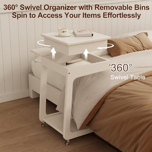 Solid Wood C Shaped End Table for Couch, White Couch Desk - Image 5