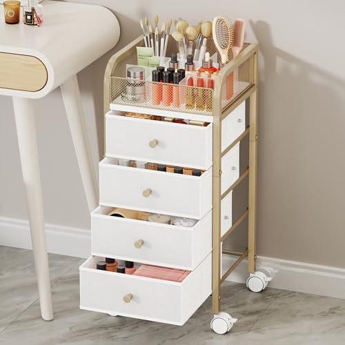 SWTYMIKI Rolling Makeup Organizer Cart - Under Desk Vanity Makeup Storage with 4 Non-woven Drawers, Nail Cart Organizer Cosmetic Display Cases Cabinet for Skin Care Perfume Nail Polish Brush Hair Tool - Image 3