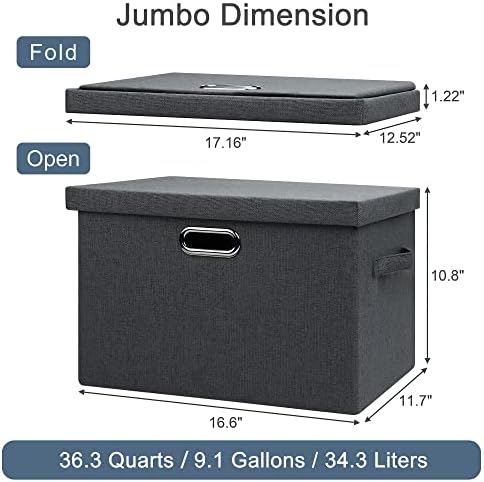 Graciadeco Large 17" 36 Quart Collapsible Stackable Storage Bins with Lids, 3 Packs Dark Gray Foldable Fabric Closet Storage Boxes with Lids, Heavy-duty Linen Cube Baskets(17x12x11) - Image 2