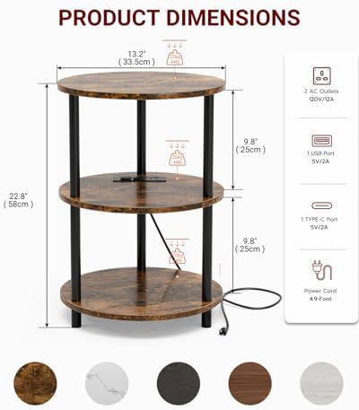 XBurmo Small Round End Table - 3 Tier Design Accent Table, Narrow Side or Bedside Stand, Industrial Vintage Table for Small Spaces, Built-in USB Ports and Power Outlet, Rustic Brown - Image 2