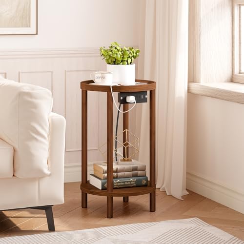 HOOBRO Small Round Side Table with Charging Station, 2-Tier Round Bamboo End Table, Compact Sofa Bedside Table for Small Space, Easy Assembly, for Living Room, Bedroom, Apartment, Mocha MA156UBZ01 - Image 2