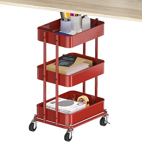 Simple Houseware 3-Tier Utility Cart, Low 24" Height Fits Under Desk, Red by SimpleHouseware