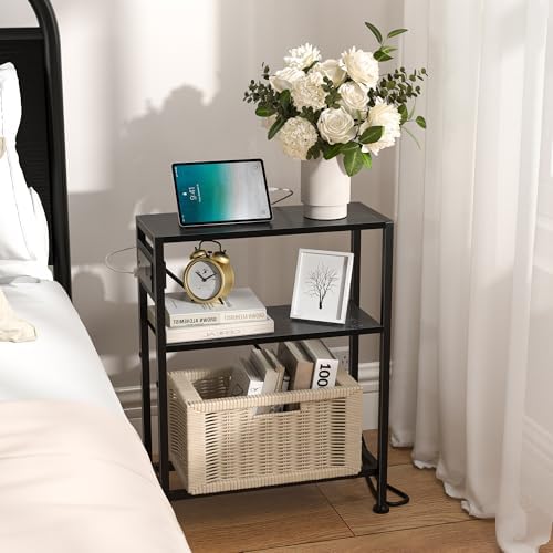 Small Narrow Side Table with Charging Station, Skinny End Table for Small Spaces, Slim Nightstand with Outlets, Sofa Bedside Table in Living Room, Bedroom, Study, Kitchen and Balcony(Black) - Image 2