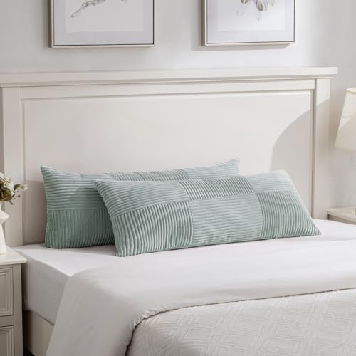 Fancy Homi Set of 2 Grey Blue Boho Long Lumbar Body Decorative Throw Pillow Cover 14x36 Inch for Bed Couch Bedroom Bench, Soft Patchwork Corduroy Textured Pillow Case, Rustic Farmhouse Room Décor by Fancy+Homi
